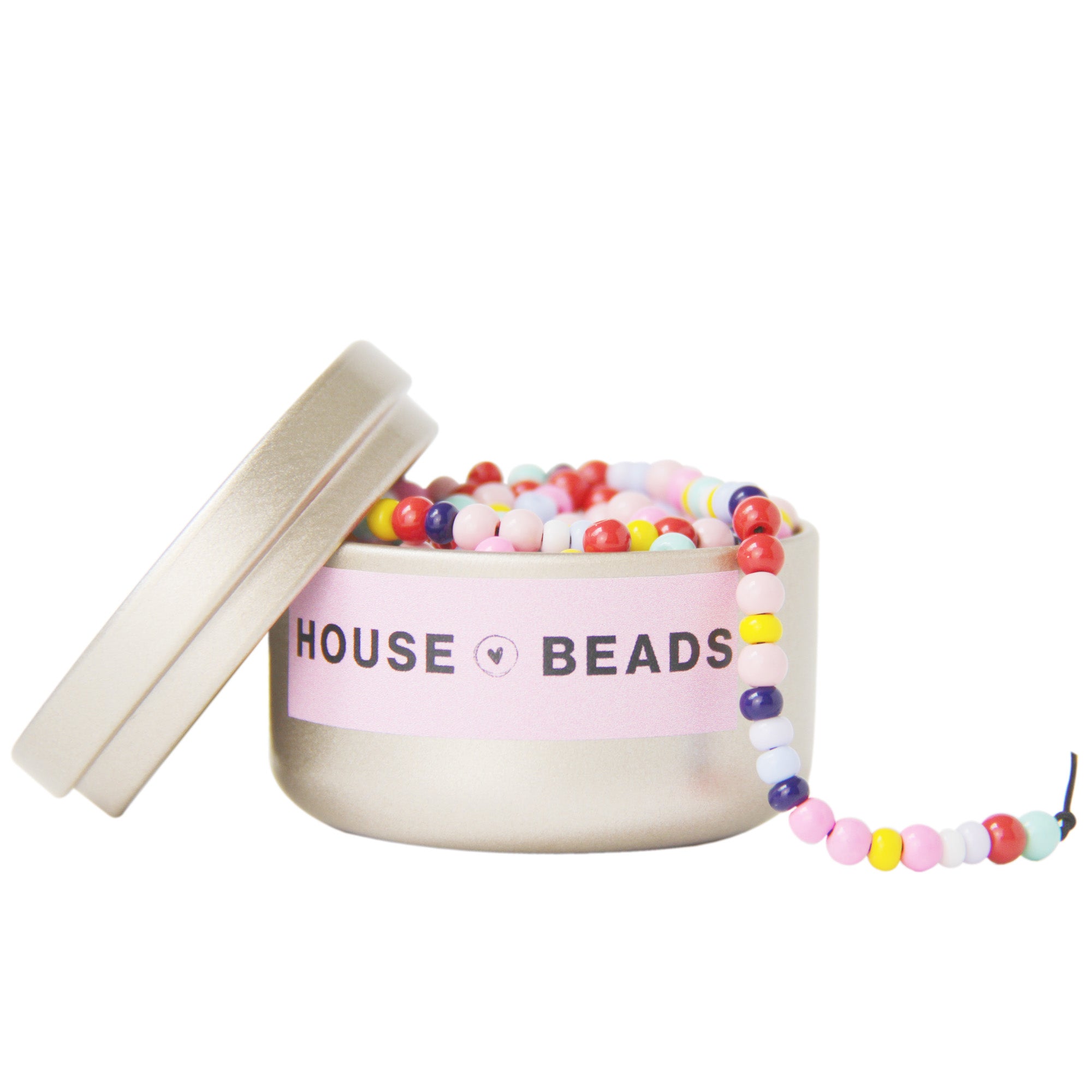 Gold tin containing a mix of rainbow beads on a white background, featuring 'House of Beads' branding.