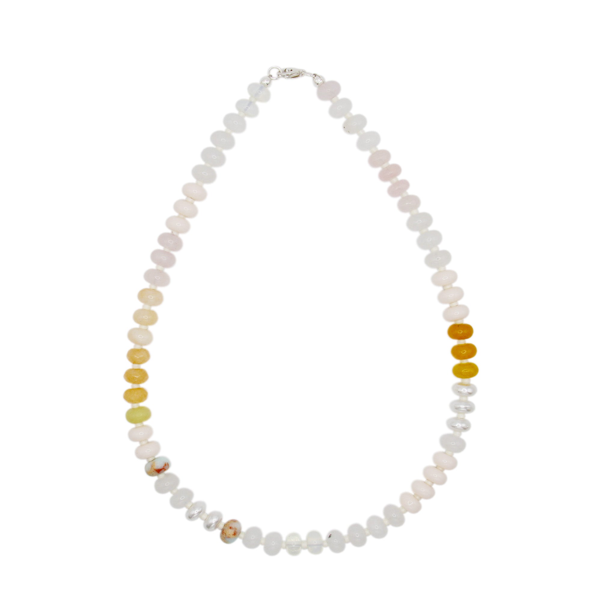 Necklace with a mix of natural rondelle gemstone beads on a white background