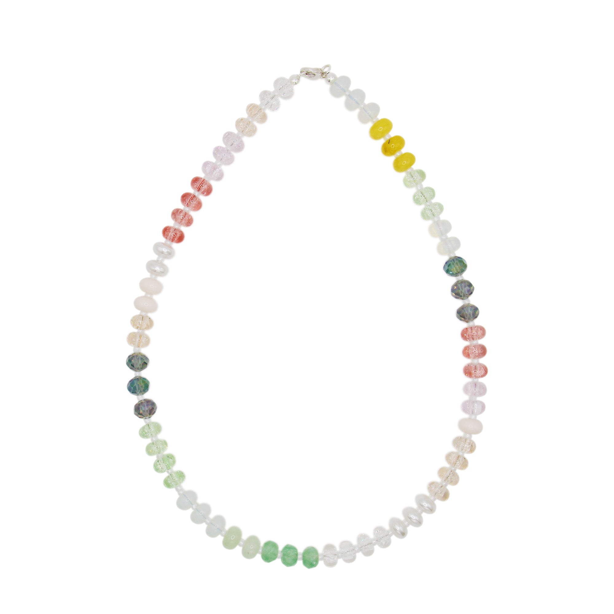 A beaded necklace made up of pastel rondelle beads on a white background