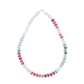 Necklace with pink and blue mix of rondelle beads on a white background