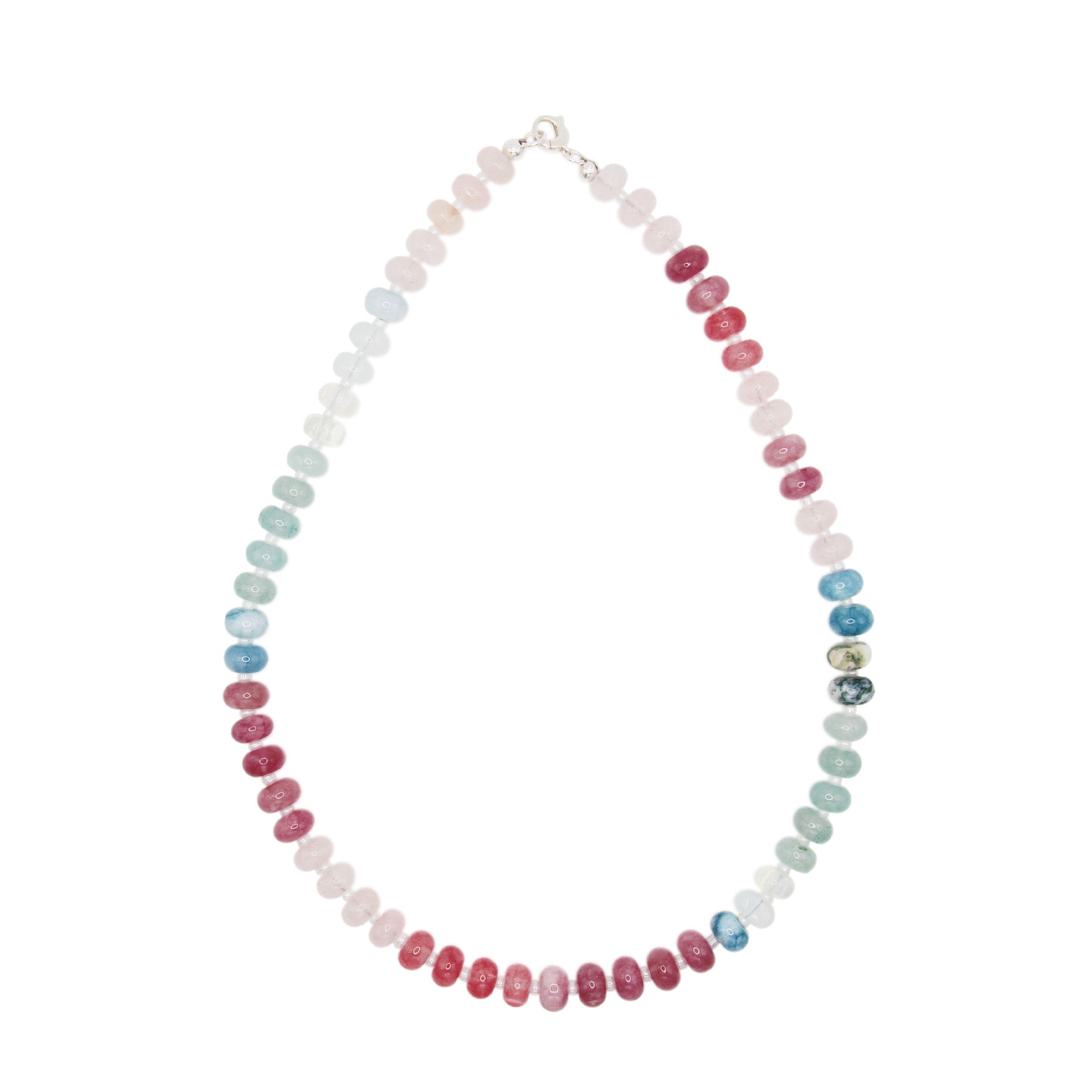 Necklace with pink and blue mix of rondelle beads on a white background