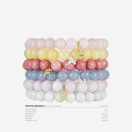 Stack of colourful semi precious beaded bracelets with gold and silver initial charms, listed underneath are the names of the crystal beads used and their meanings